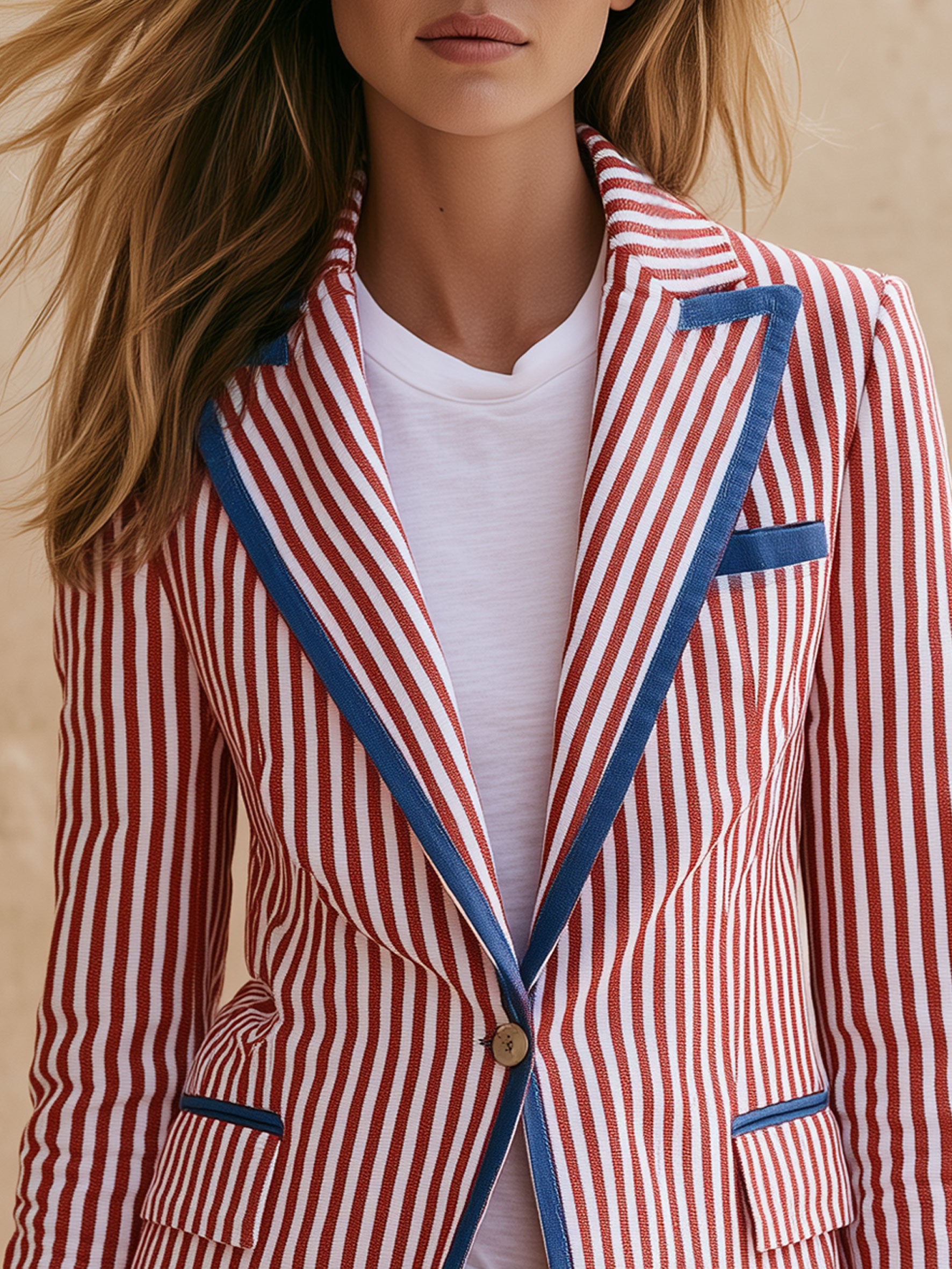 Casual Retro Blue And Red And White Striped Blazer