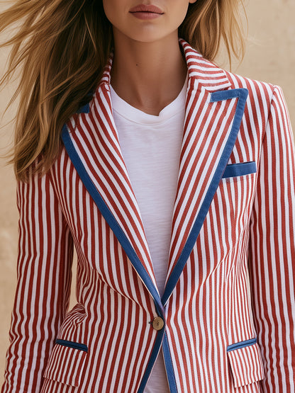 Casual Retro Blue And Red And White Striped Blazer