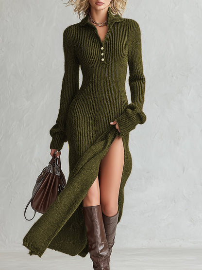 Vintage-style Collared Half-button Green Knit Maxi Dress