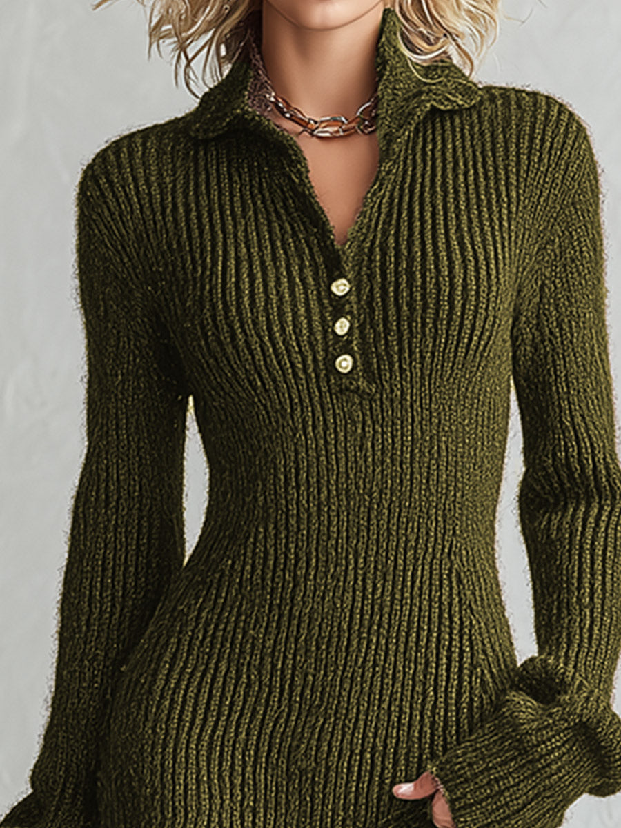 Vintage-style Collared Half-button Green Knit Maxi Dress