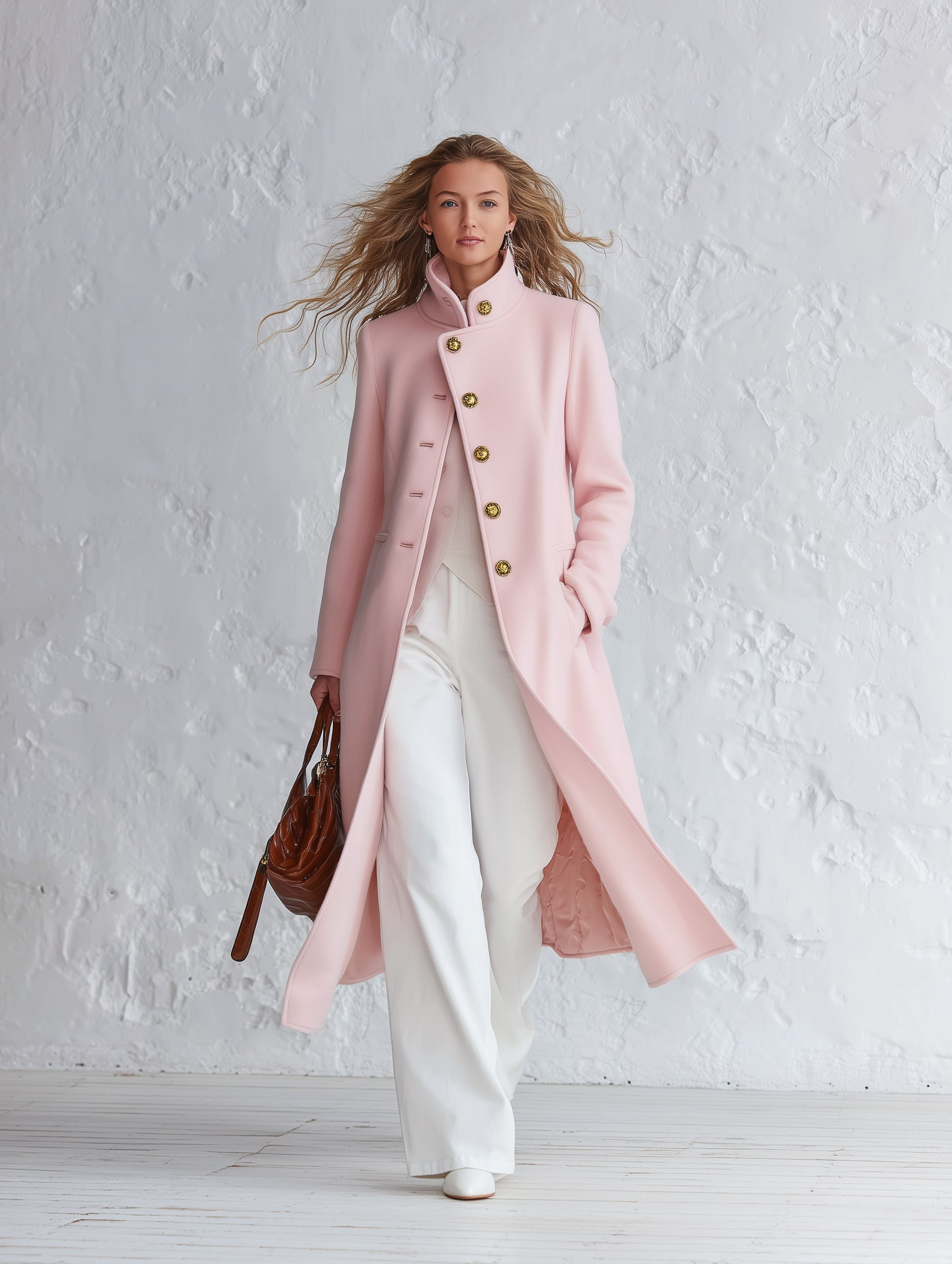 Classic Pink Stand-collar Single-breasted Coat
