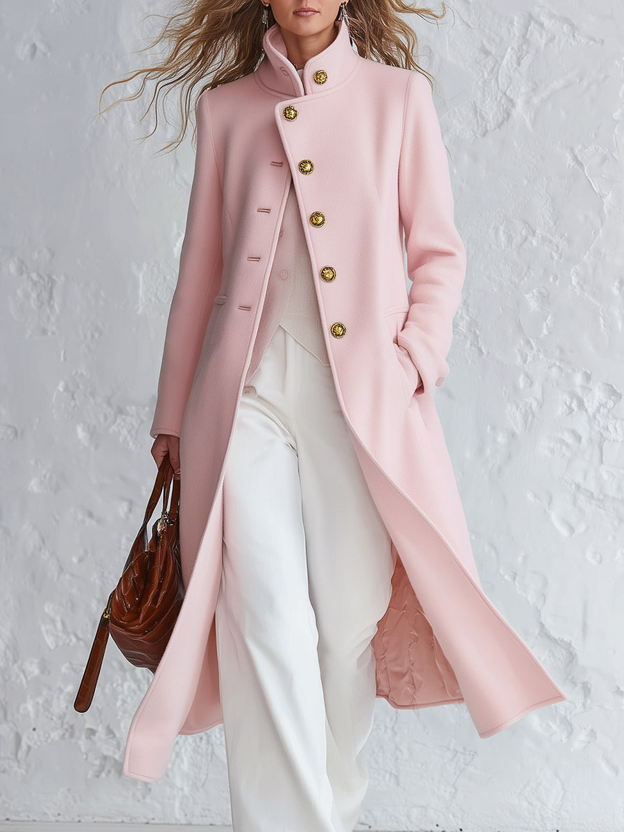 Classic Pink Stand-collar Single-breasted Coat