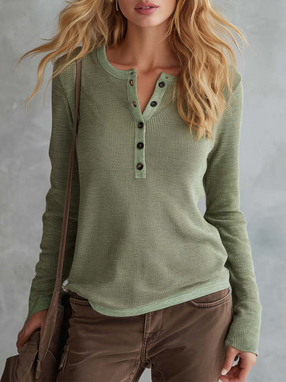 Versatile Vintage-style Light Green Waffle-knit Henley Top
