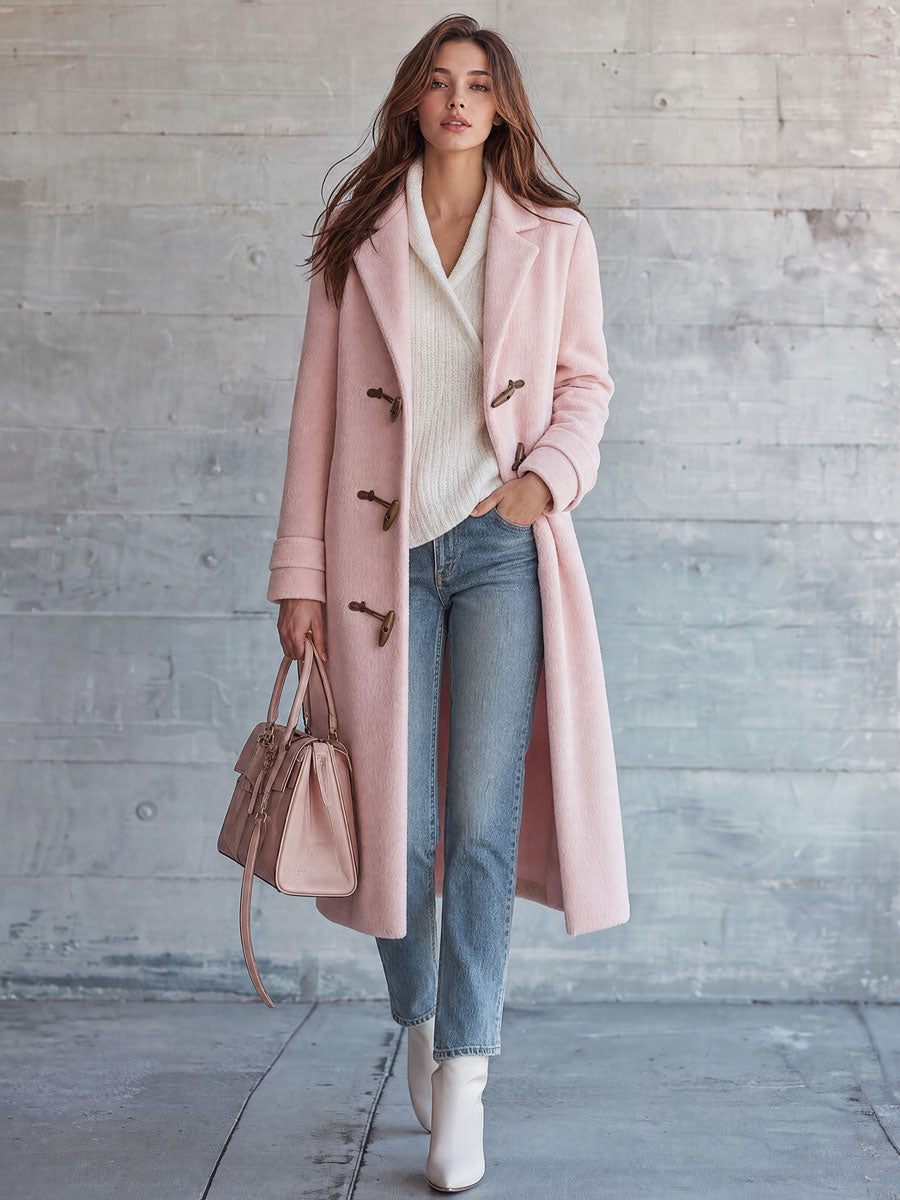 Retro-elegant Pink Tweed Coat With Turn-down Collar And Duffle Coat