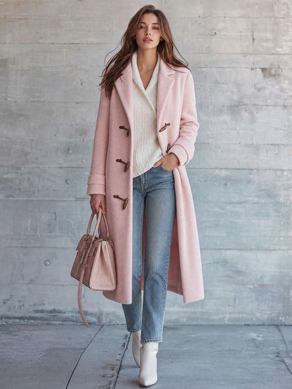 Retro-elegant Pink Tweed Coat With Turn-down Collar And Duffle Coat