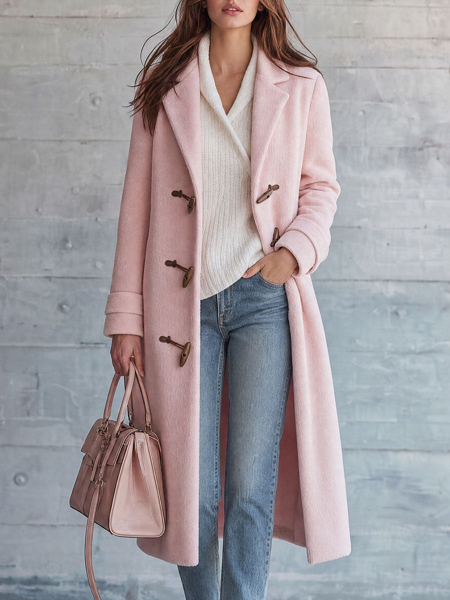 Retro-elegant Pink Tweed Coat With Turn-down Collar And Duffle Coat