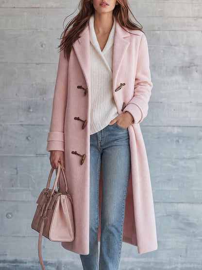 Retro-elegant Pink Tweed Coat With Turn-down Collar And Duffle Coat