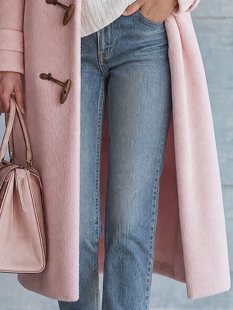Retro-elegant Pink Tweed Coat With Turn-down Collar And Duffle Coat