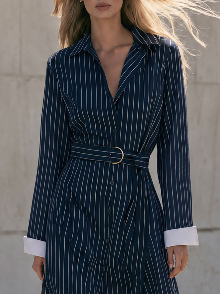 Stylish Retro Blue Striped White Cotton-lined Coat