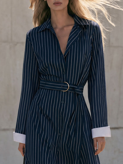 Stylish Retro Blue Striped White Cotton-lined Coat