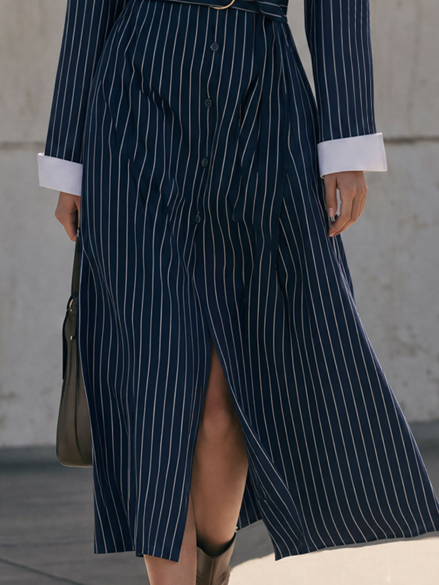 Stylish Retro Blue Striped White Cotton-lined Coat