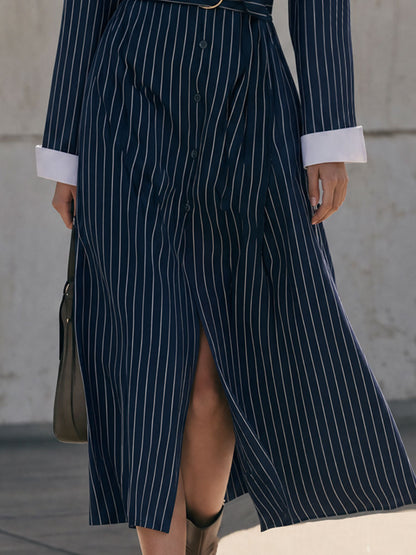 Stylish Retro Blue Striped White Cotton-lined Coat