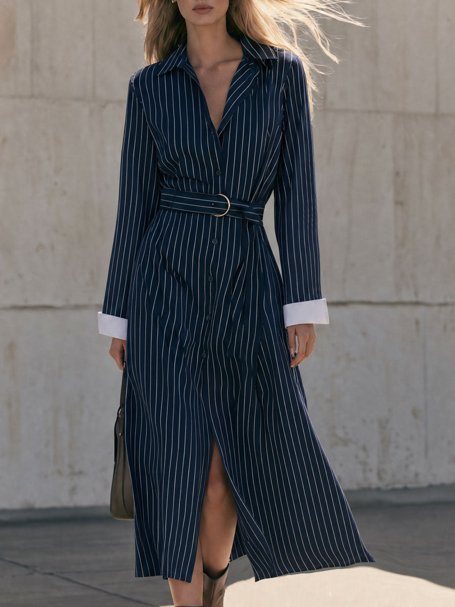 Stylish Retro Blue Striped White Cotton-lined Coat