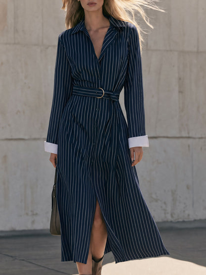 Stylish Retro Blue Striped White Cotton-lined Coat