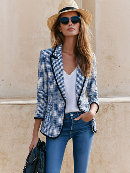 Casual Retro Knotted Ribbon Blue Plaid Blazer