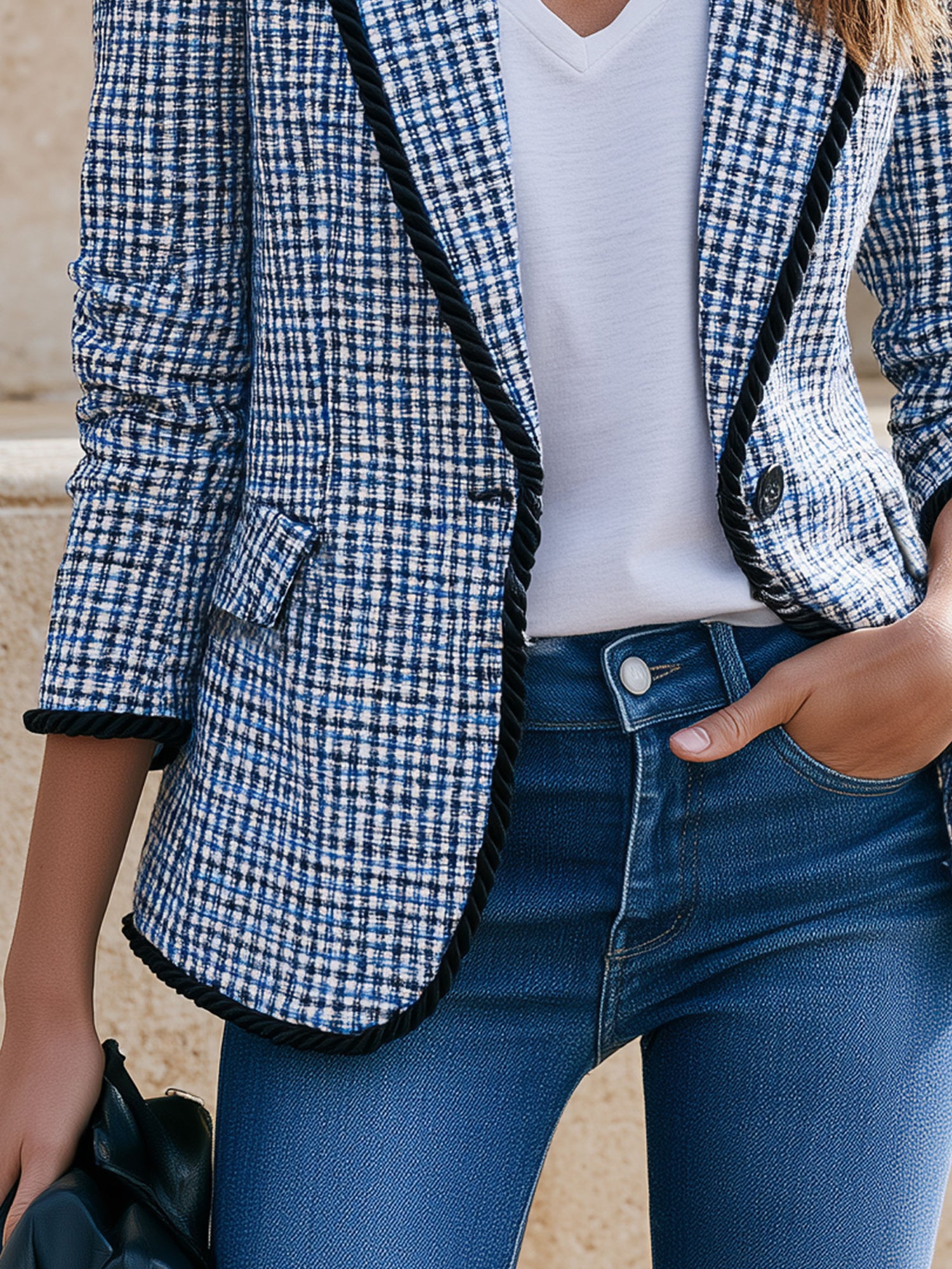 Casual Retro Knotted Ribbon Blue Plaid Blazer
