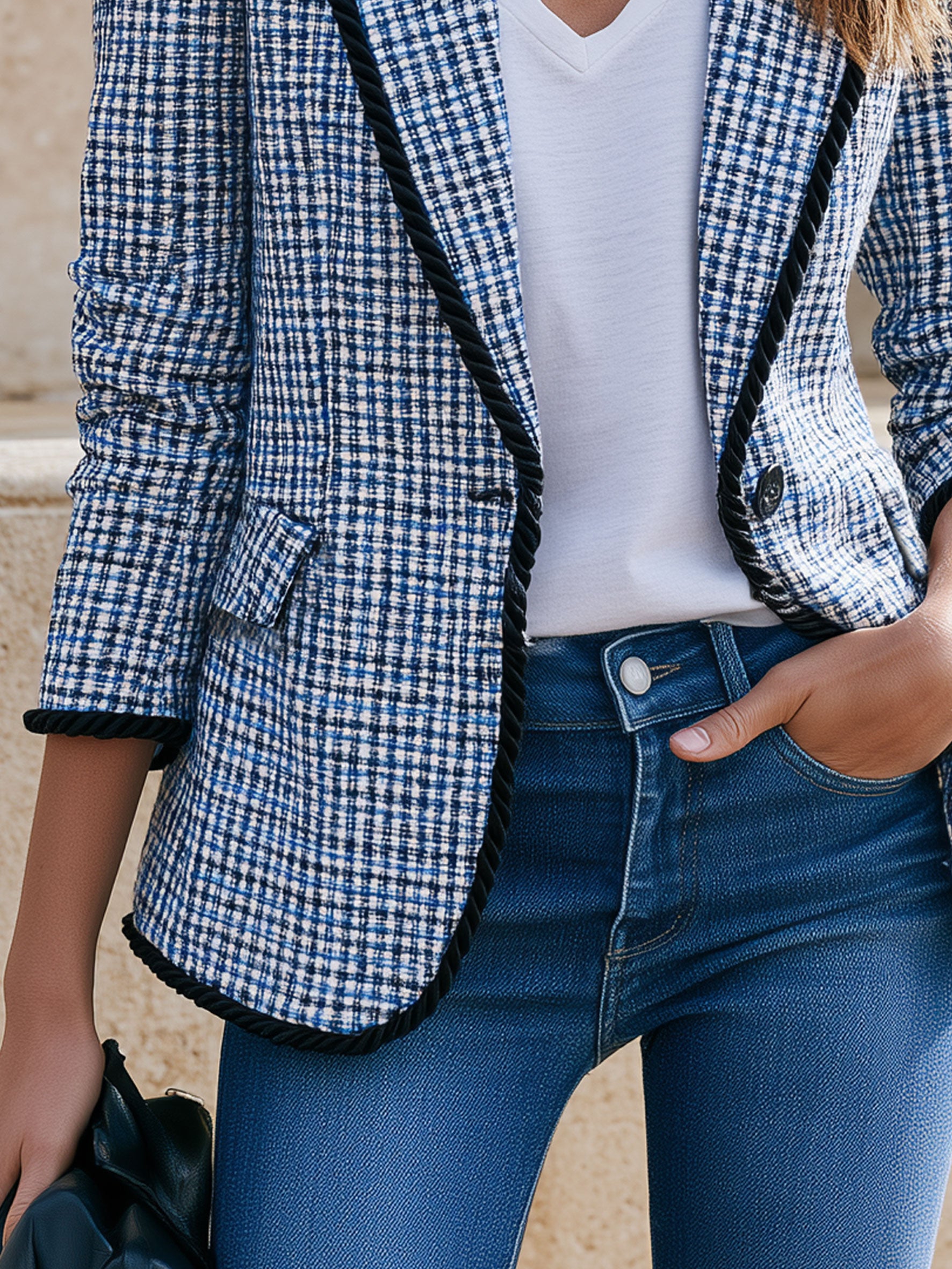 Casual Retro Knotted Ribbon Blue Plaid Blazer