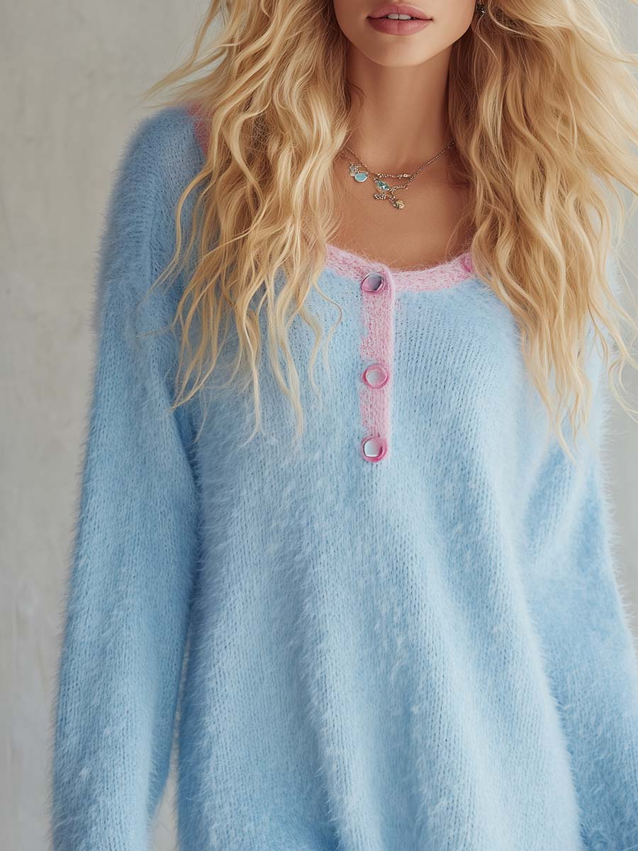 Comfortable Lazy Round Neck Front Button Light Blue Faux Rabbit Fur Knit Mini Dress