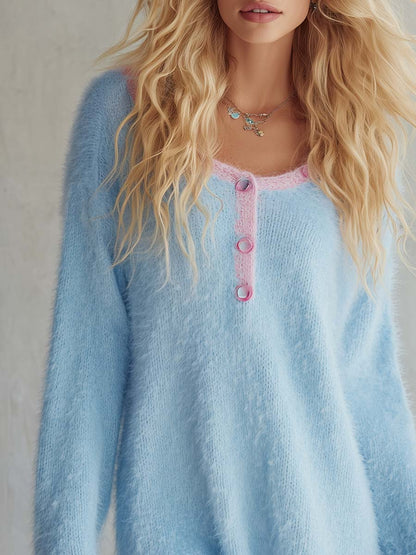 Comfortable Lazy Round Neck Front Button Light Blue Faux Rabbit Fur Knit Mini Dress