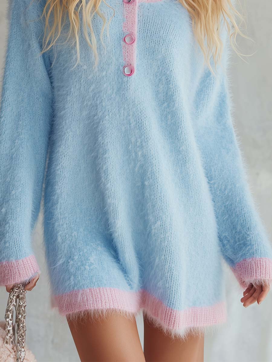 Comfortable Lazy Round Neck Front Button Light Blue Faux Rabbit Fur Knit Mini Dress