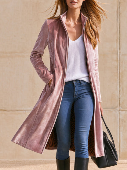 Casual Retro Zebra Print Pink Velvet Mid-length Coat