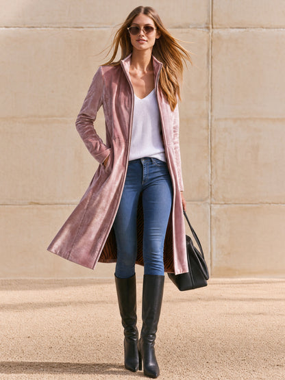 Casual Retro Zebra Print Pink Velvet Mid-length Coat
