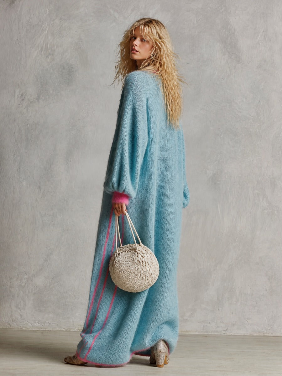 Retro Lazy Exquisite Round Neck Front Button Light Blue Imitation Rabbit Fur Knitted Maxi Dress