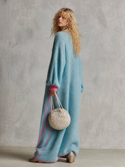 Retro Lazy Exquisite Round Neck Front Button Light Blue Imitation Rabbit Fur Knitted Maxi Dress
