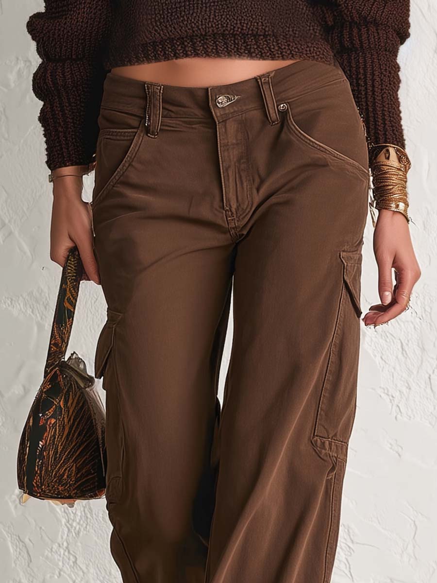 Casual Versatile Cargo Pockets Brown Cotton Pants