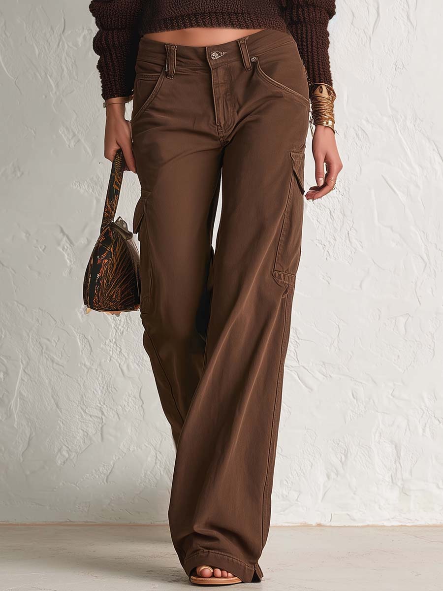 Casual Versatile Cargo Pockets Brown Cotton Pants