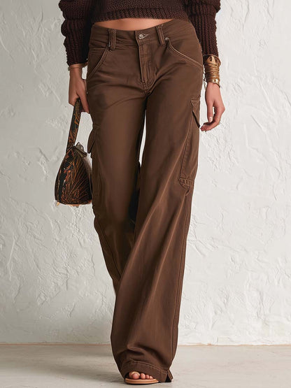 Casual Versatile Cargo Pockets Brown Cotton Pants