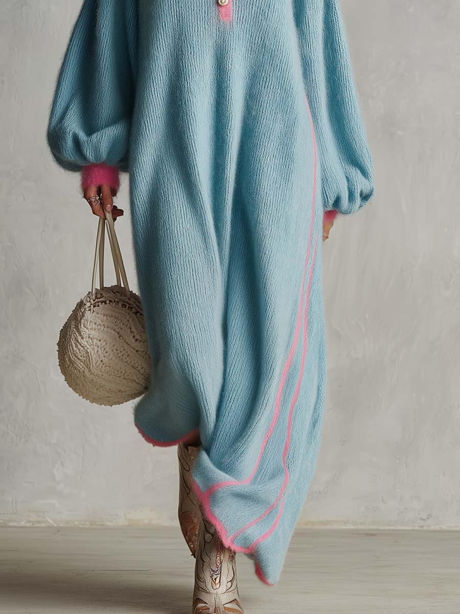 Retro Lazy Exquisite Round Neck Front Button Light Blue Imitation Rabbit Fur Knitted Maxi Dress