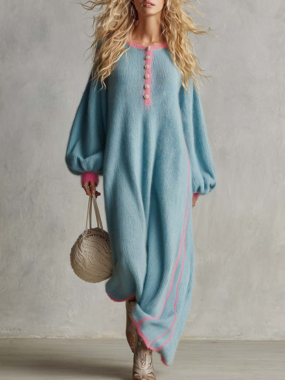 Retro Lazy Exquisite Round Neck Front Button Light Blue Imitation Rabbit Fur Knitted Maxi Dress