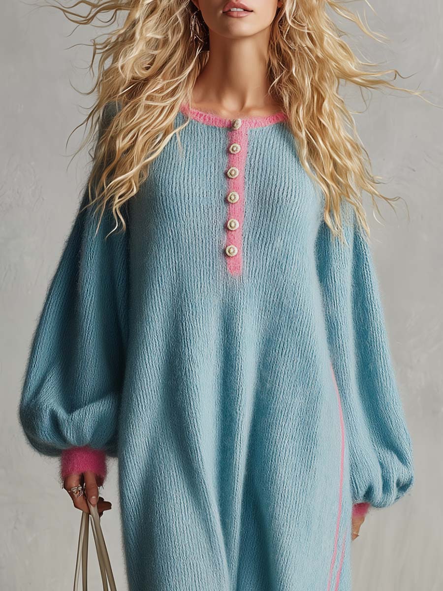 Retro Lazy Exquisite Round Neck Front Button Light Blue Imitation Rabbit Fur Knitted Maxi Dress