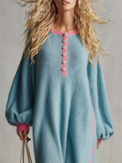 Retro Lazy Exquisite Round Neck Front Button Light Blue Imitation Rabbit Fur Knitted Maxi Dress