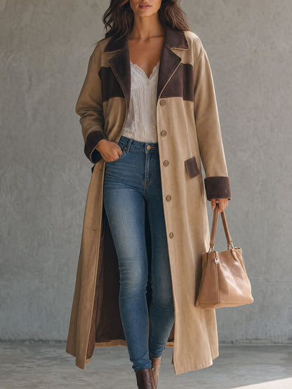 Stylish Retro Khaki Color-blocked Faux Suede Coat