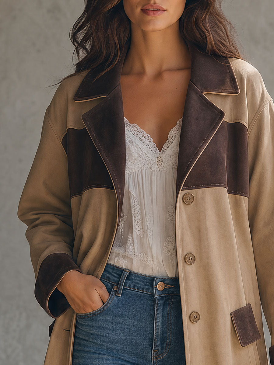 Stylish Retro Khaki Color-blocked Faux Suede Coat
