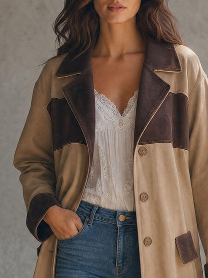 Stylish Retro Khaki Color-blocked Faux Suede Coat