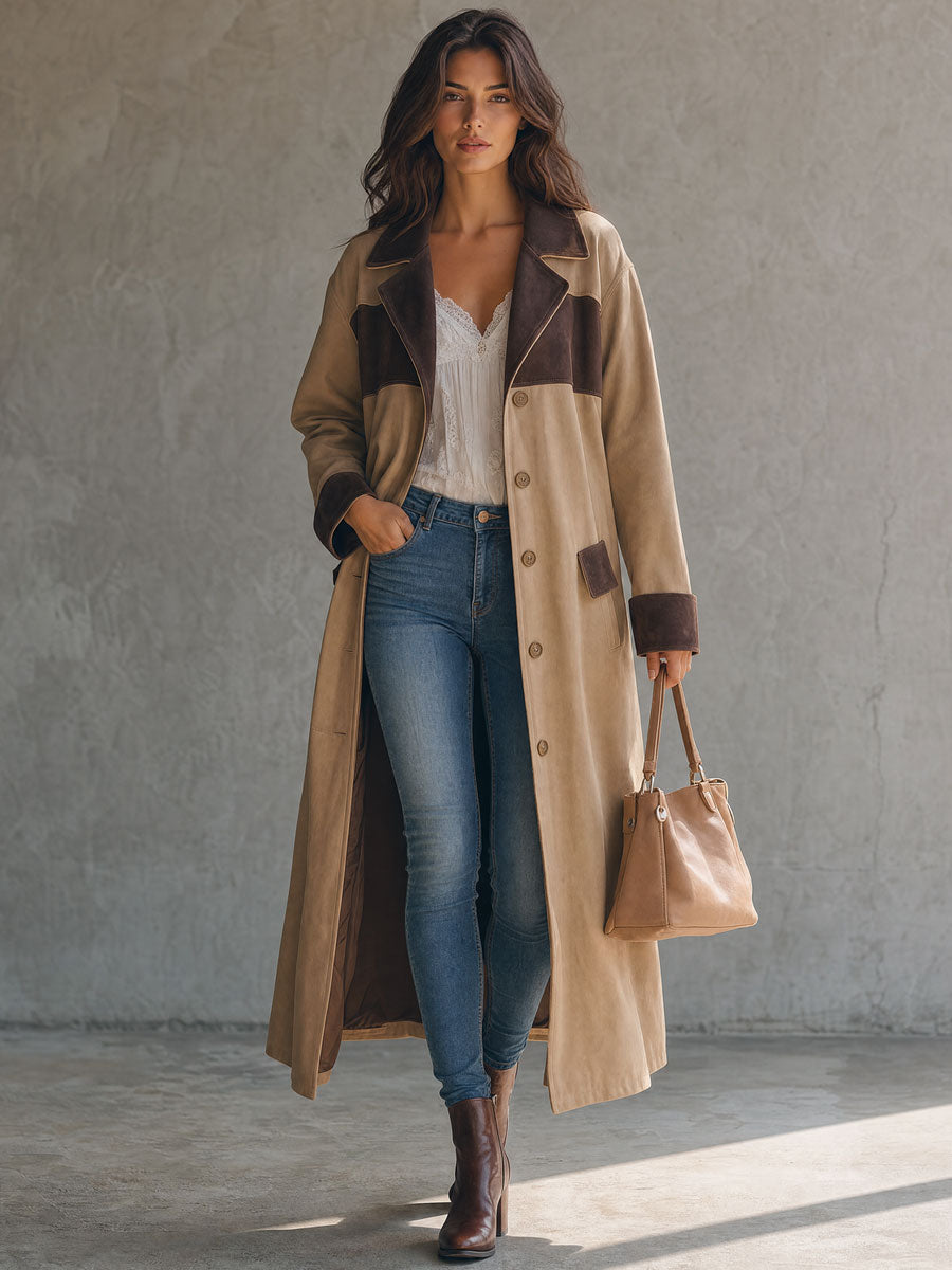 Stylish Retro Khaki Color-blocked Faux Suede Coat