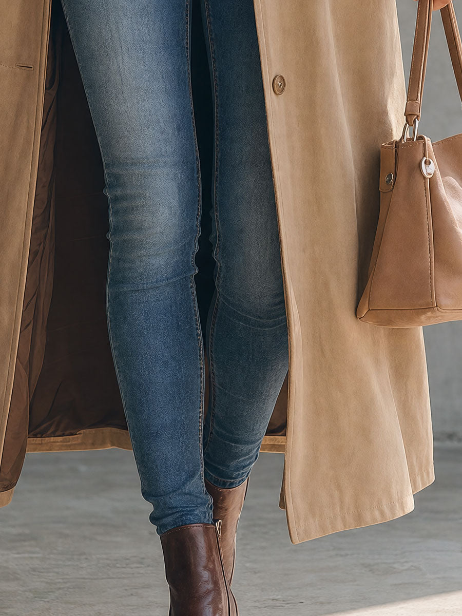 Stylish Retro Khaki Color-blocked Faux Suede Coat