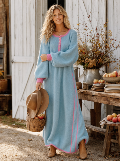 Retro Lazy Exquisite Round Neck Front Button Light Blue Imitation Rabbit Fur Knitted Maxi Dress