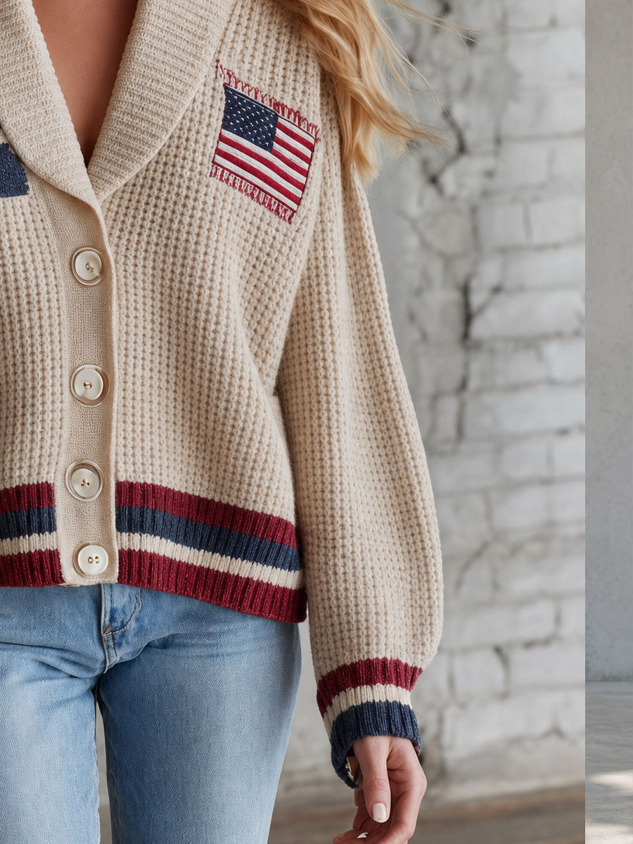 Casual Retro American Flag Knit Cardigan