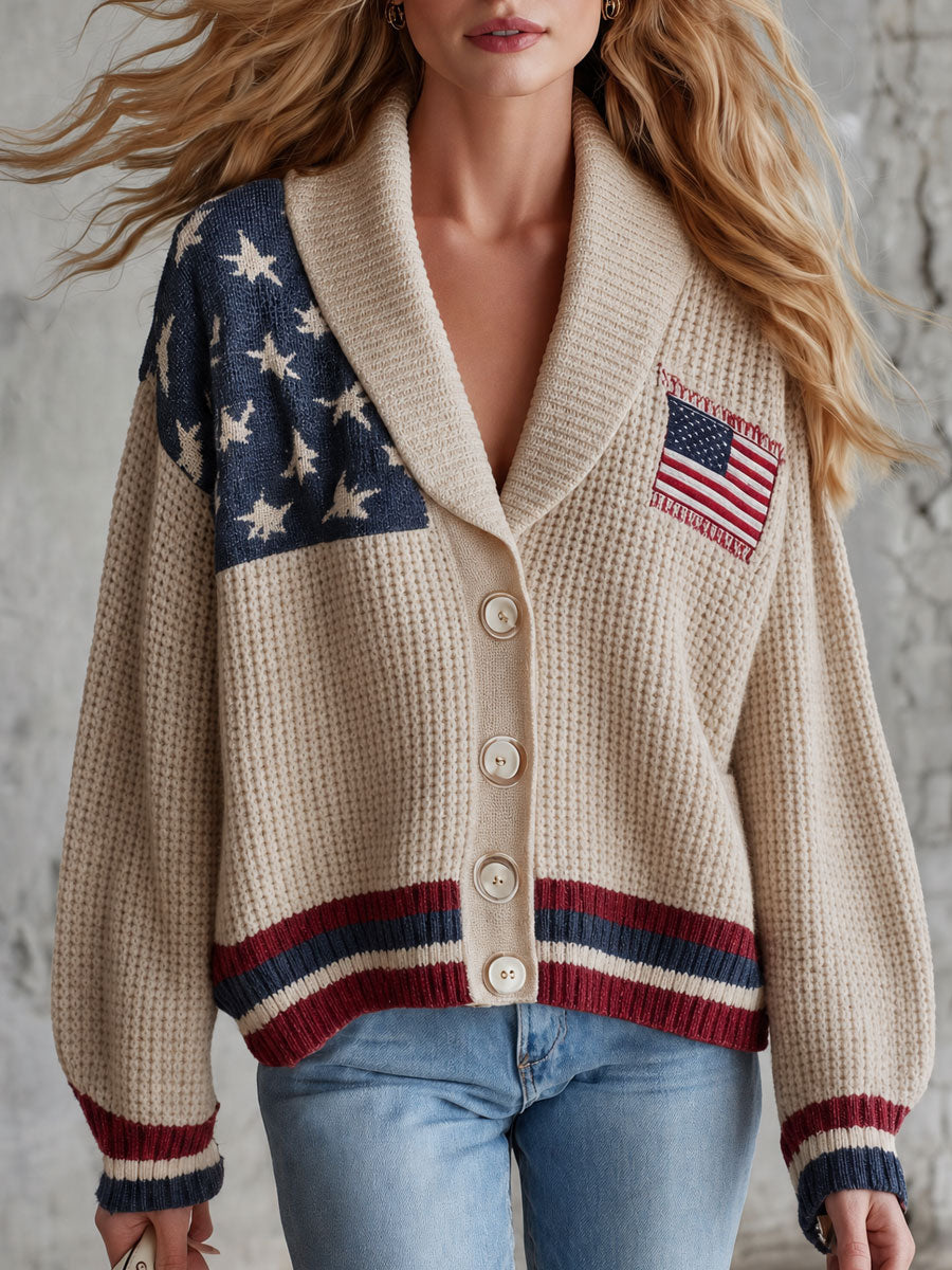 Casual Retro American Flag Knit Cardigan
