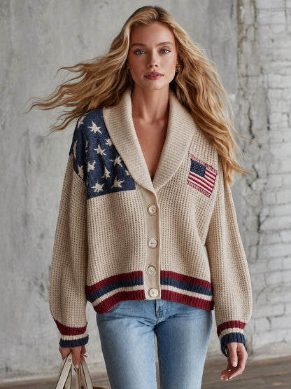 Casual Retro American Flag Knit Cardigan