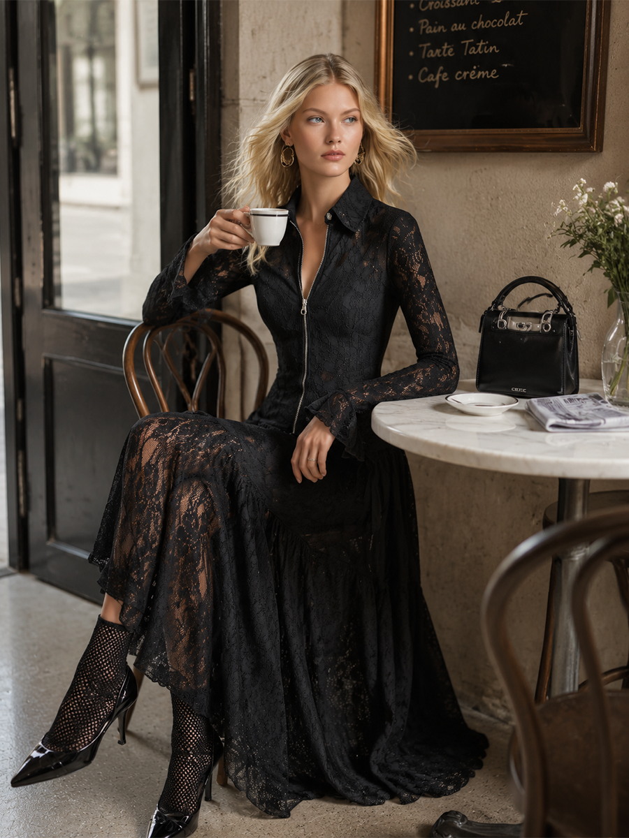 Elegant Sheer Lace Zip-Up Long Sleeve Maxi Dress