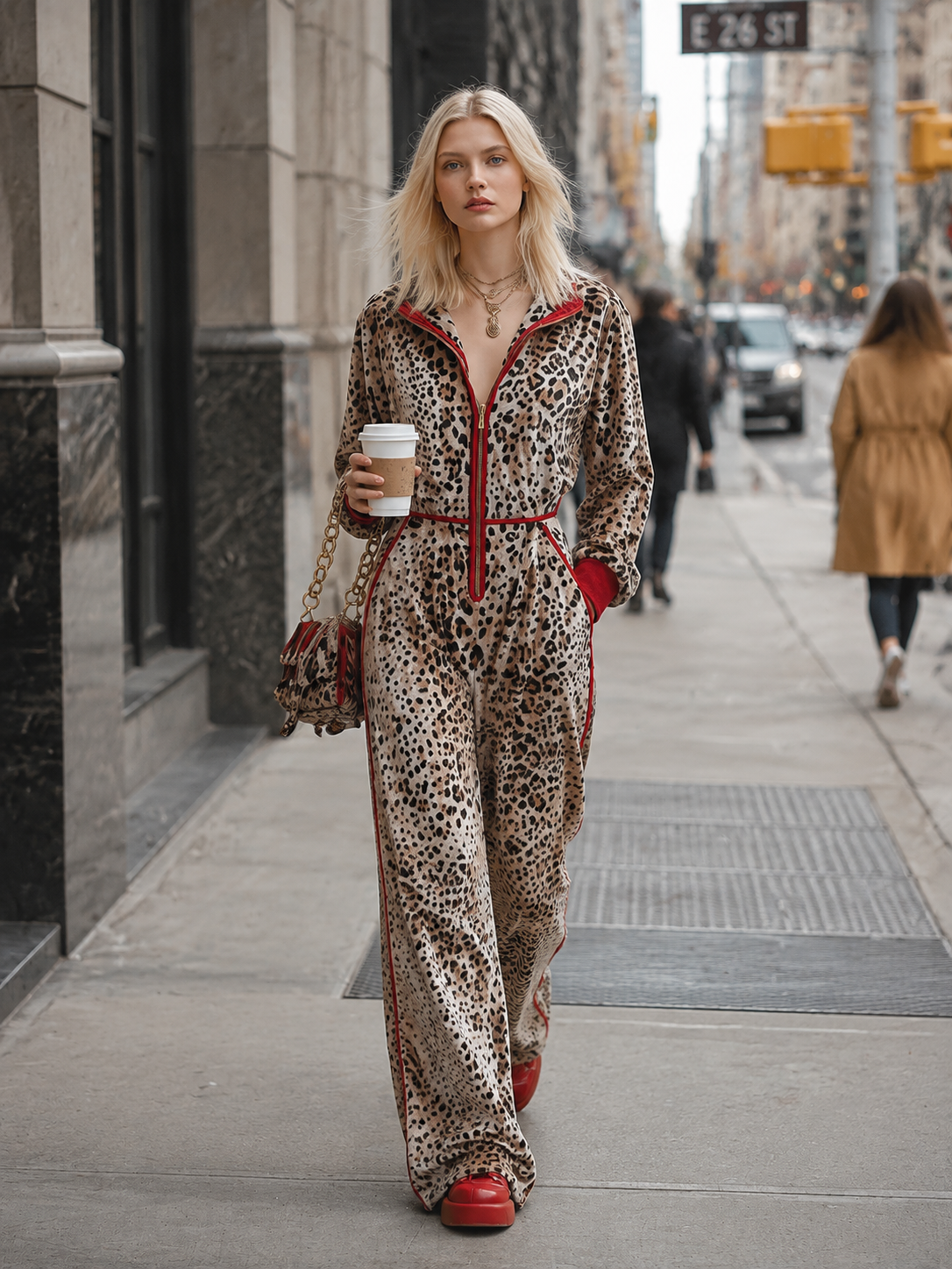 Retro Color-Block Trim Leopard Print Velvet Long-Sleeve Wide-Leg Jumpsuit
