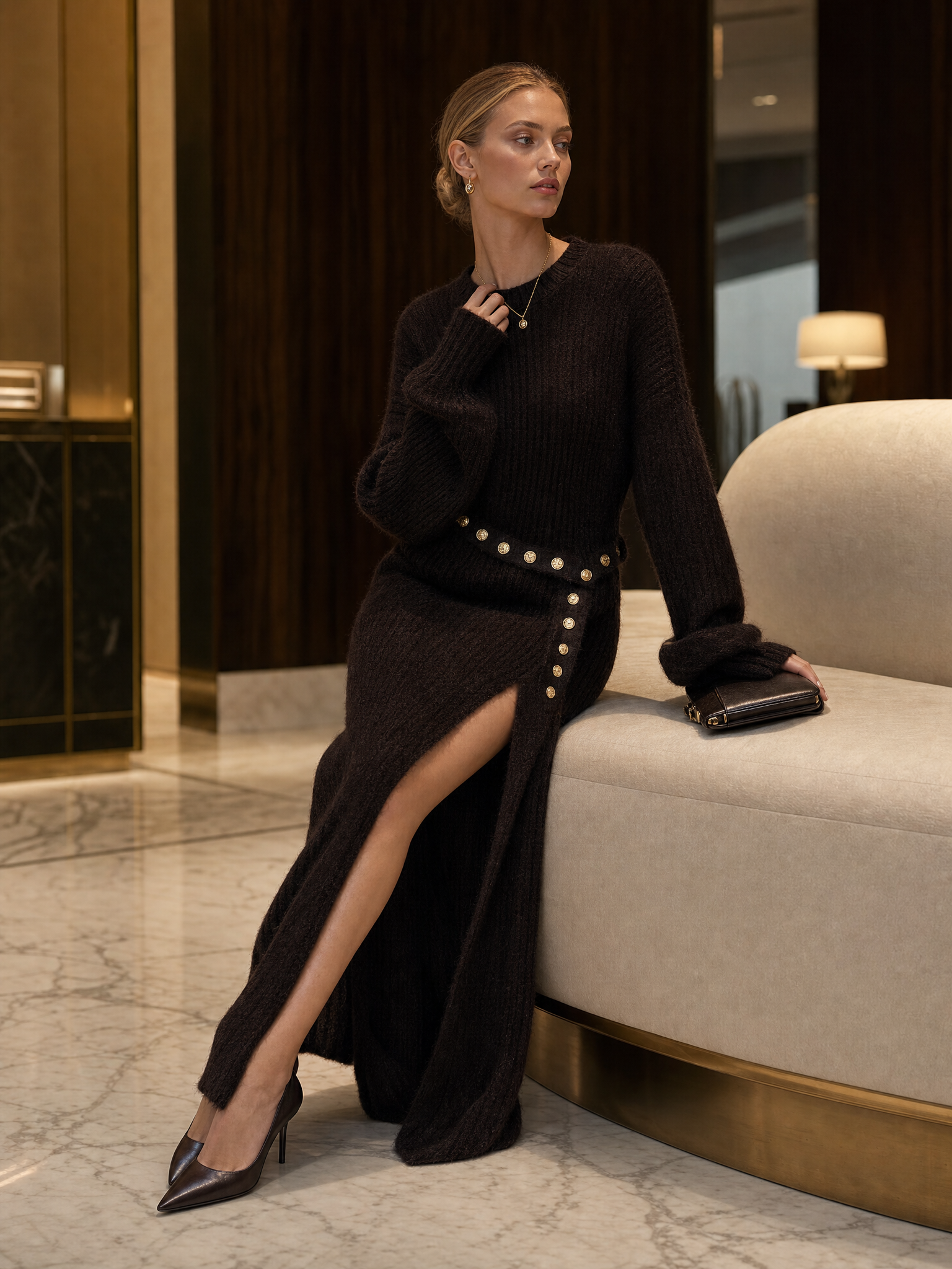 Refined Vintage Lazy Round Neck Belt Dark Brown Faux Rabbit Fur Knit Slit Maxi Dress