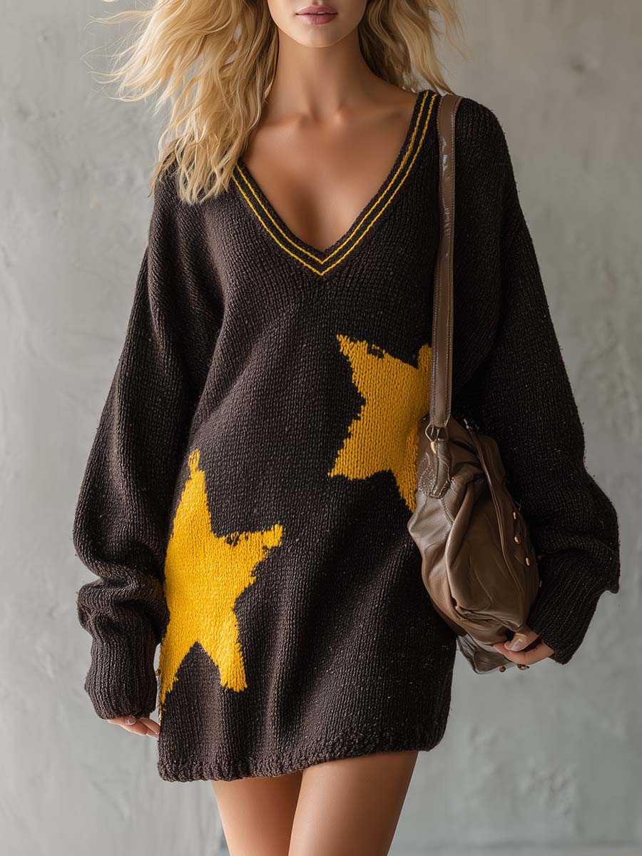 Retro Comfort V-neck Star-patterned Dark Brown Knitted Mini Dress