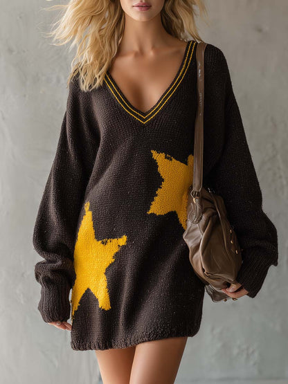 Retro Comfort V-neck Star-patterned Dark Brown Knitted Mini Dress