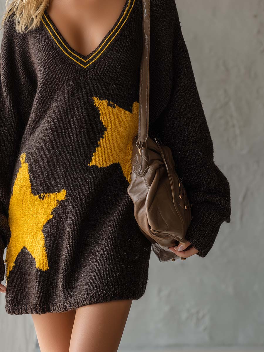 Retro Comfort V-neck Star-patterned Dark Brown Knitted Mini Dress